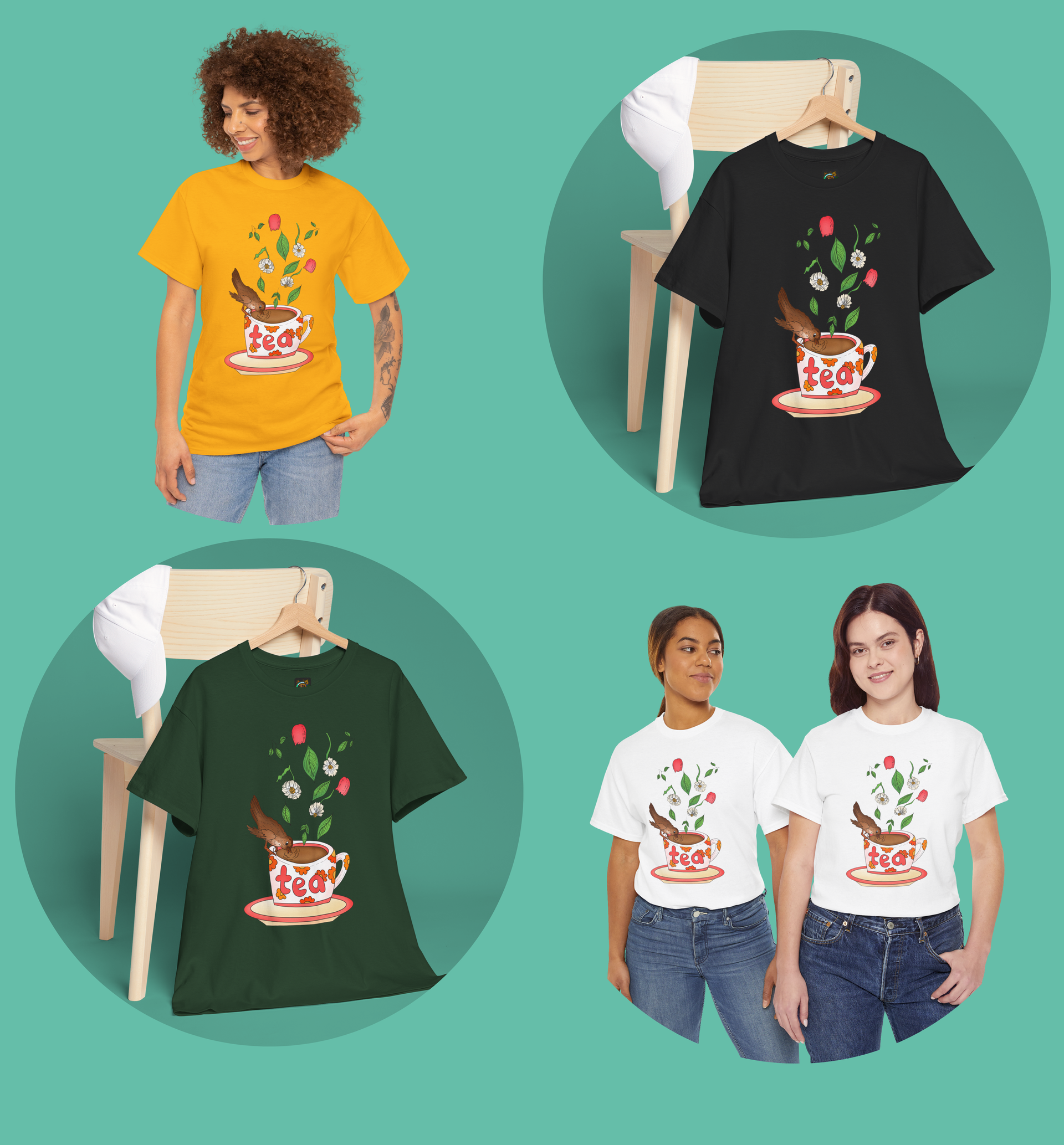 Dames T shirt met thee drinkende vogel in stijl!