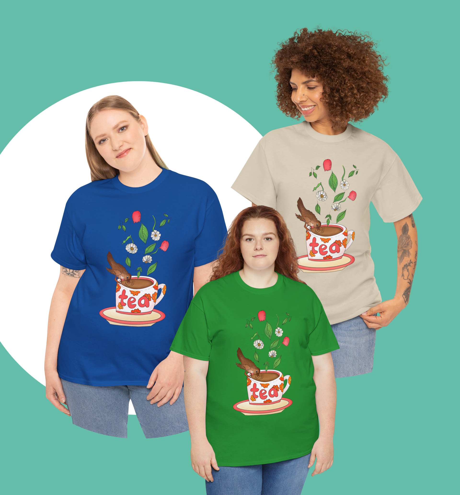 Dames T shirt met thee drinkende vogel in stijl!