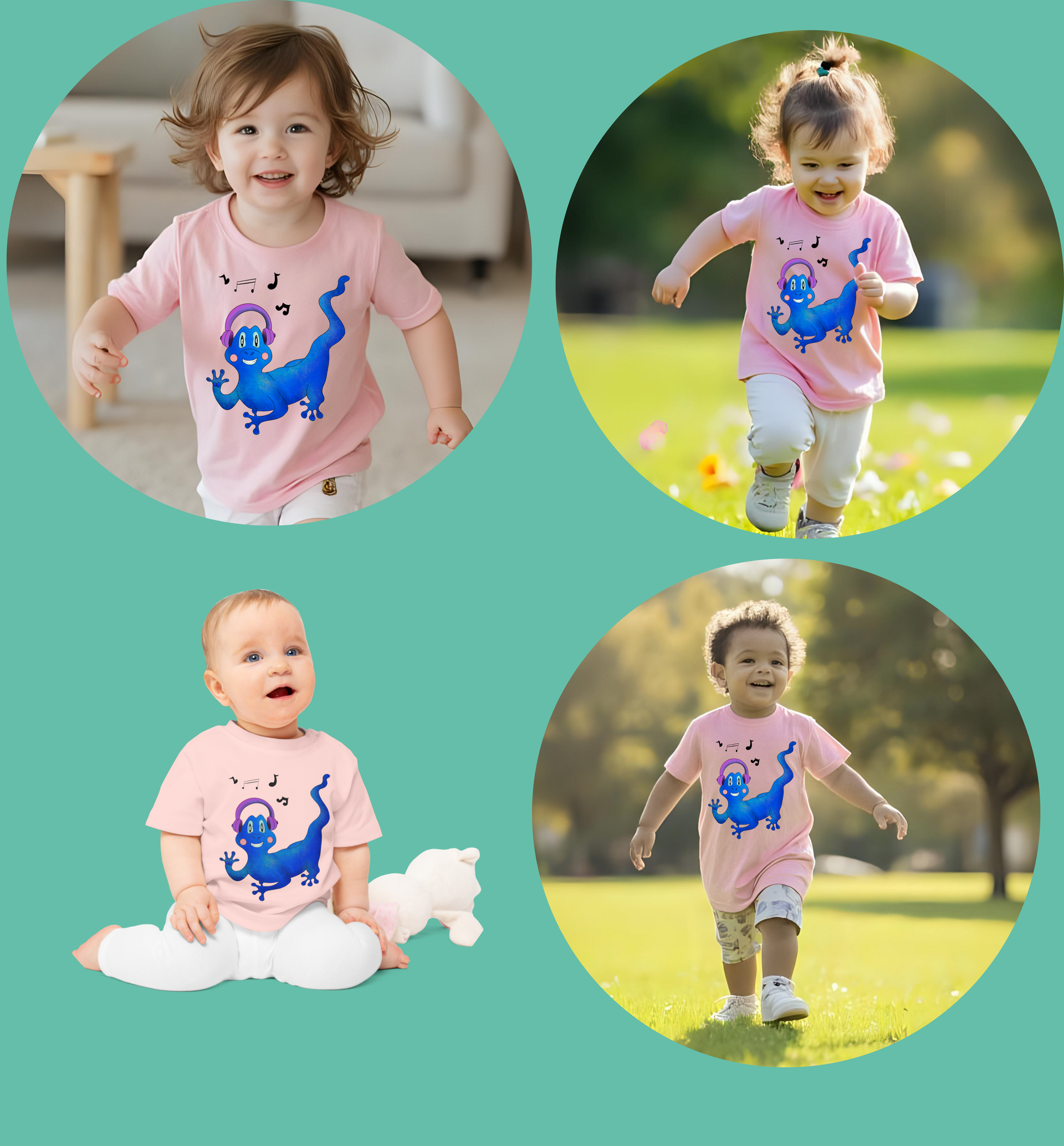 Schattig Baby T-shirt van Biologisch Katoen met Muzikale Gecko Print