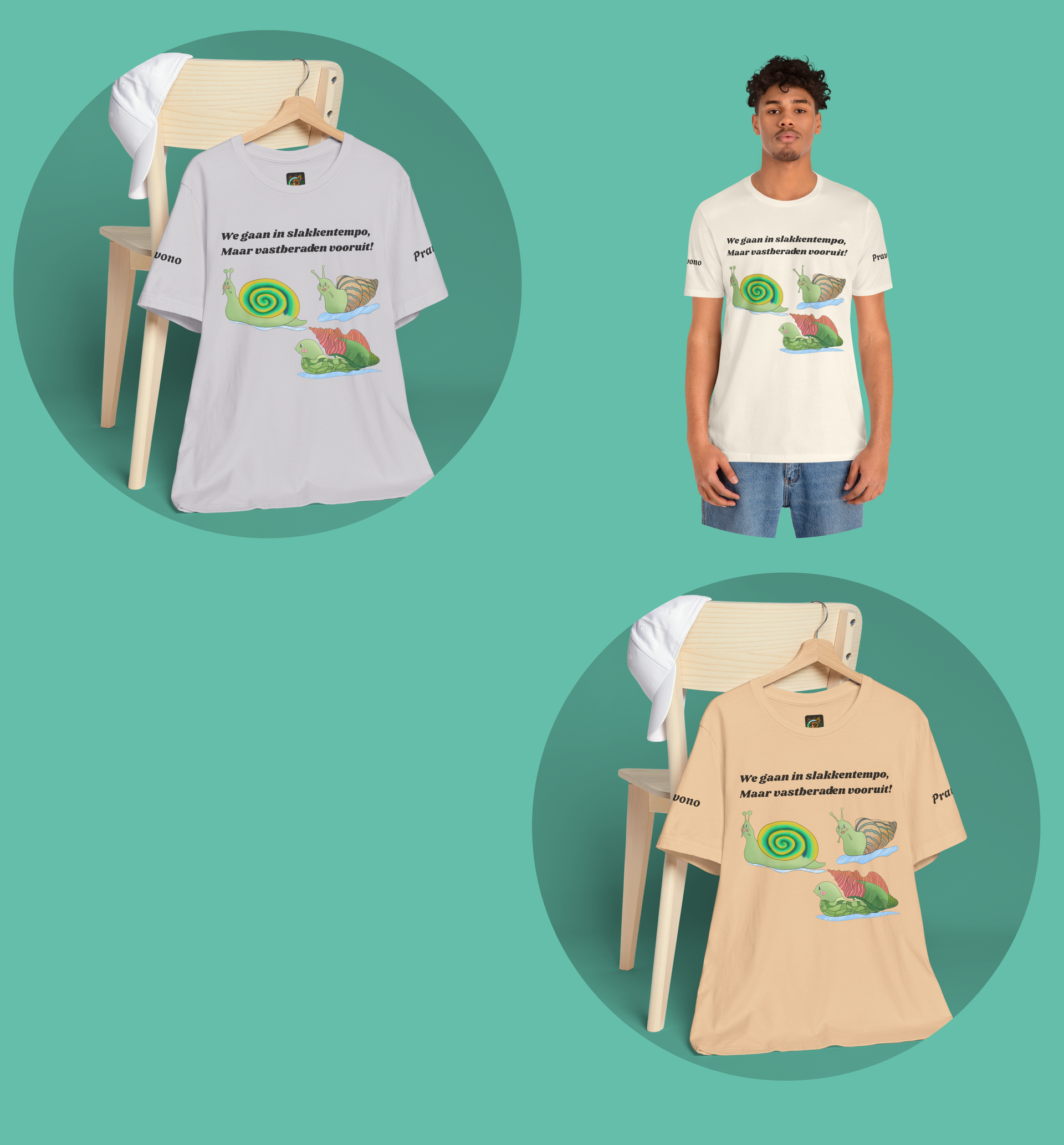 Unisex Wandel t-shirt voor wie in slakkentempo toch vooruitgaat. Lichte kleuren.