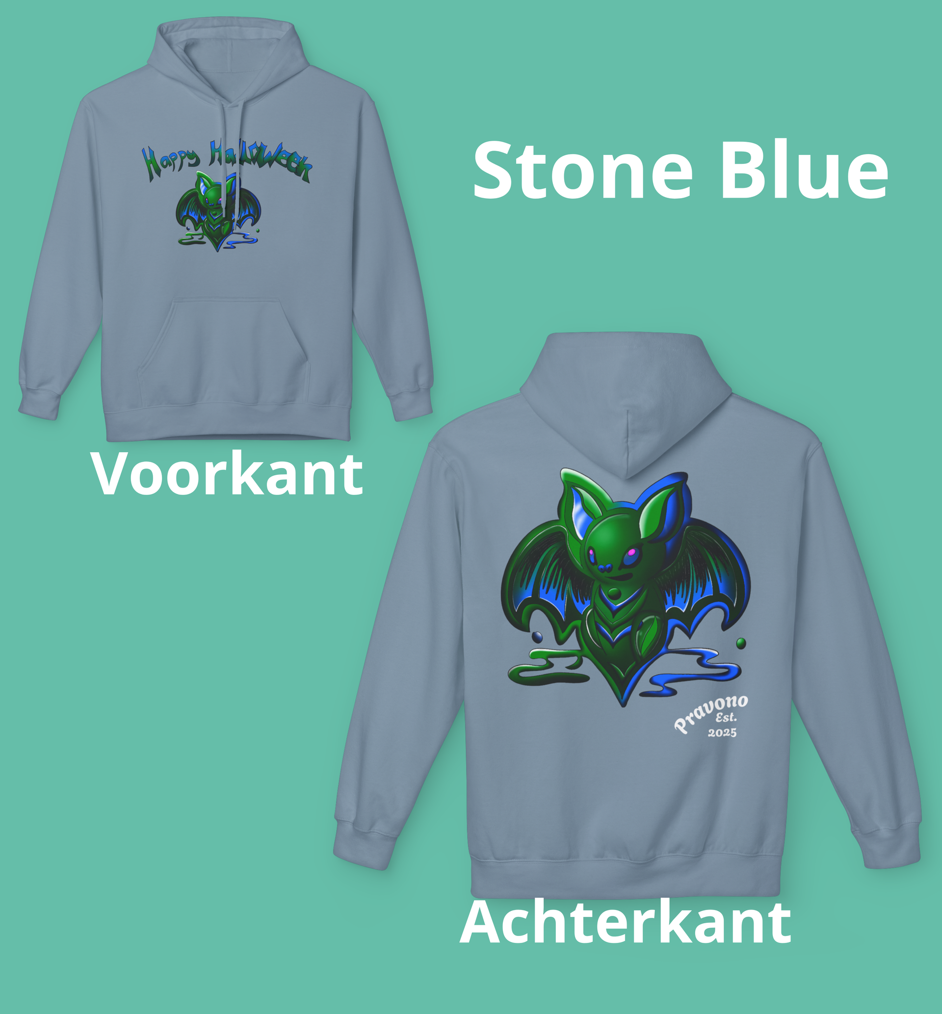 Midnight Blue green Bat Hoodie with Bold Halloween Energy by Pravono