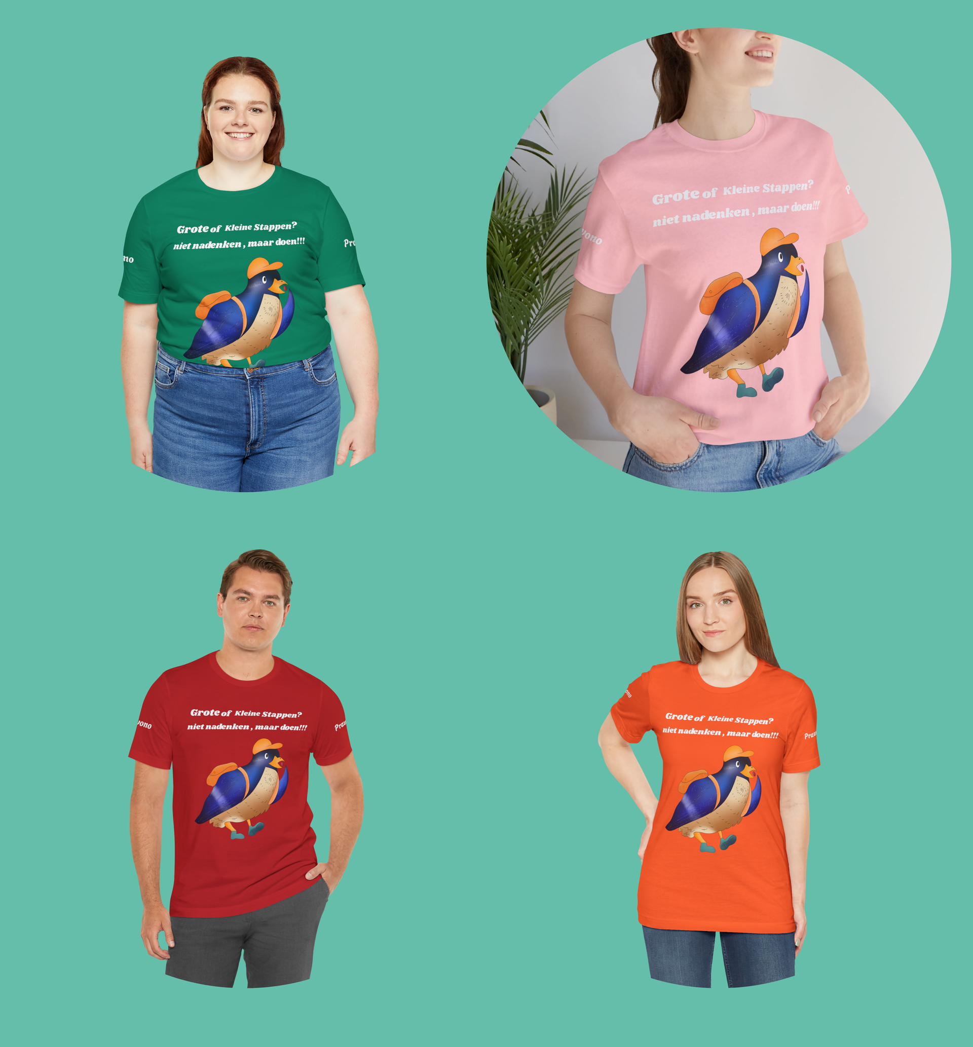 Kleurrijke Unisex Wandel T shirt met speelse originele grafische snoepende vogel.