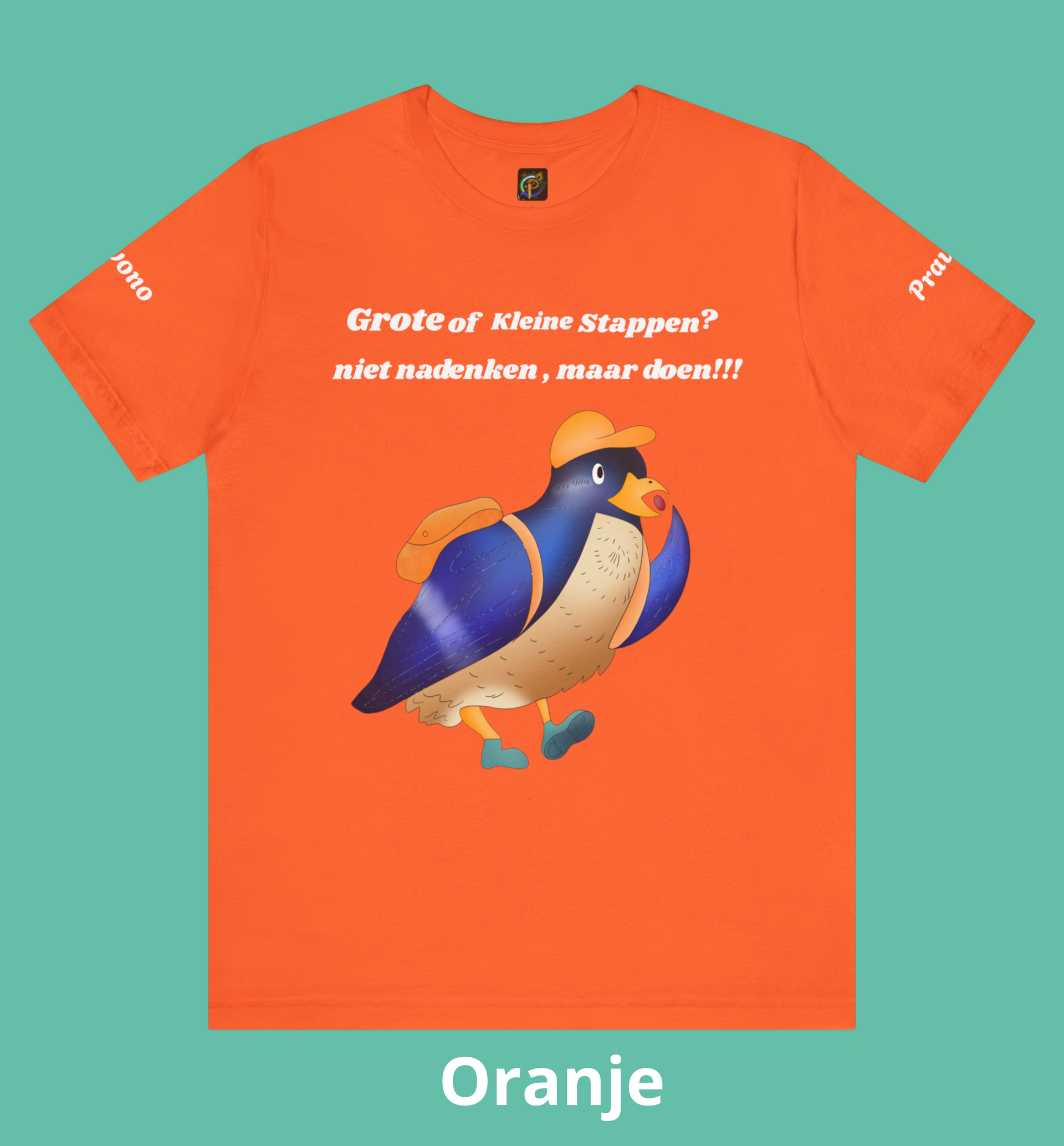 Kleurrijke Unisex Wandel T shirt met speelse originele grafische snoepende vogel.