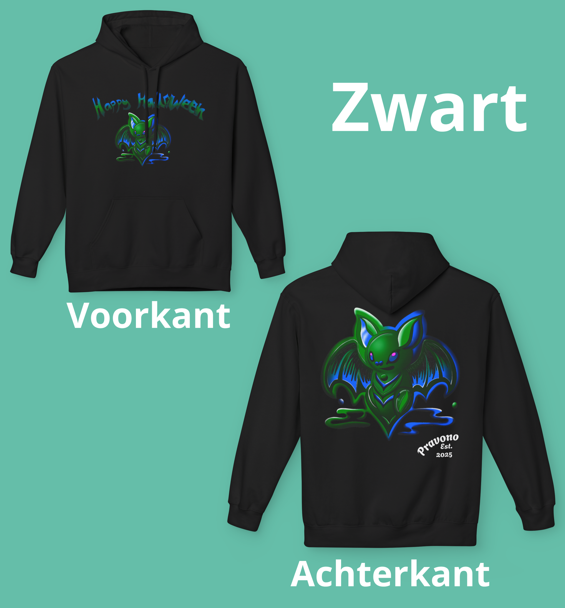 Midnight Blue green Bat Hoodie with Bold Halloween Energy by Pravono