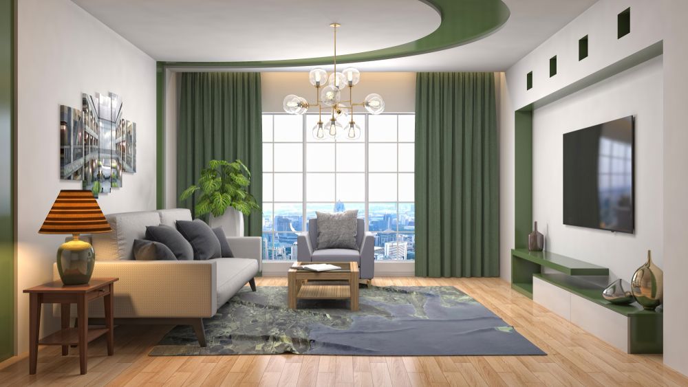 A Living Room With a Couch, Chair, Table and Television — Suncoast Kitchens In Caboolture, QLD