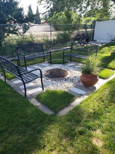 There is a fire pit in the middle of the yard.