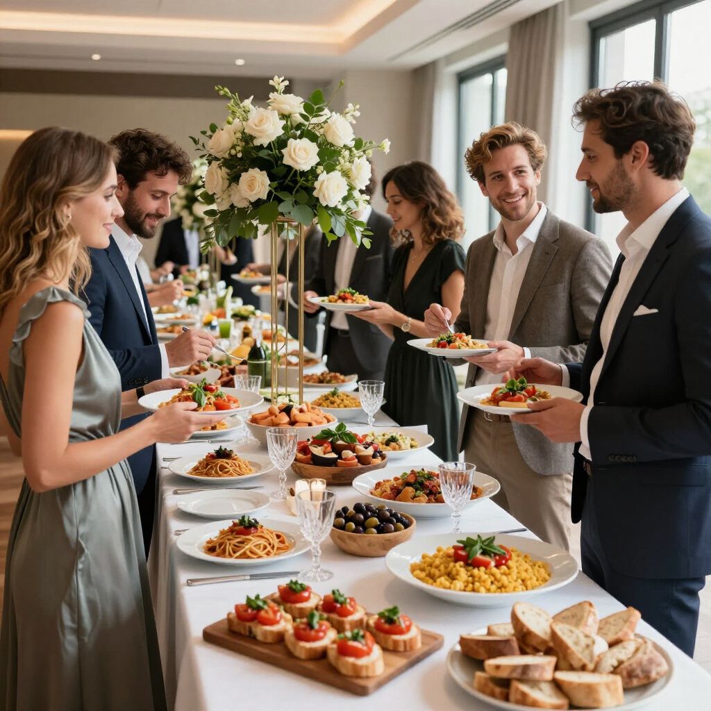 Mensen aan een buffettafel, met borden vol eten. Elegante setting met een bloemstuk in het midden.