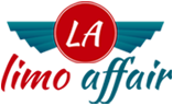 Logo for LA Limo Affair with red circle containing "LA" and teal wings, "limo affair" in red and teal.