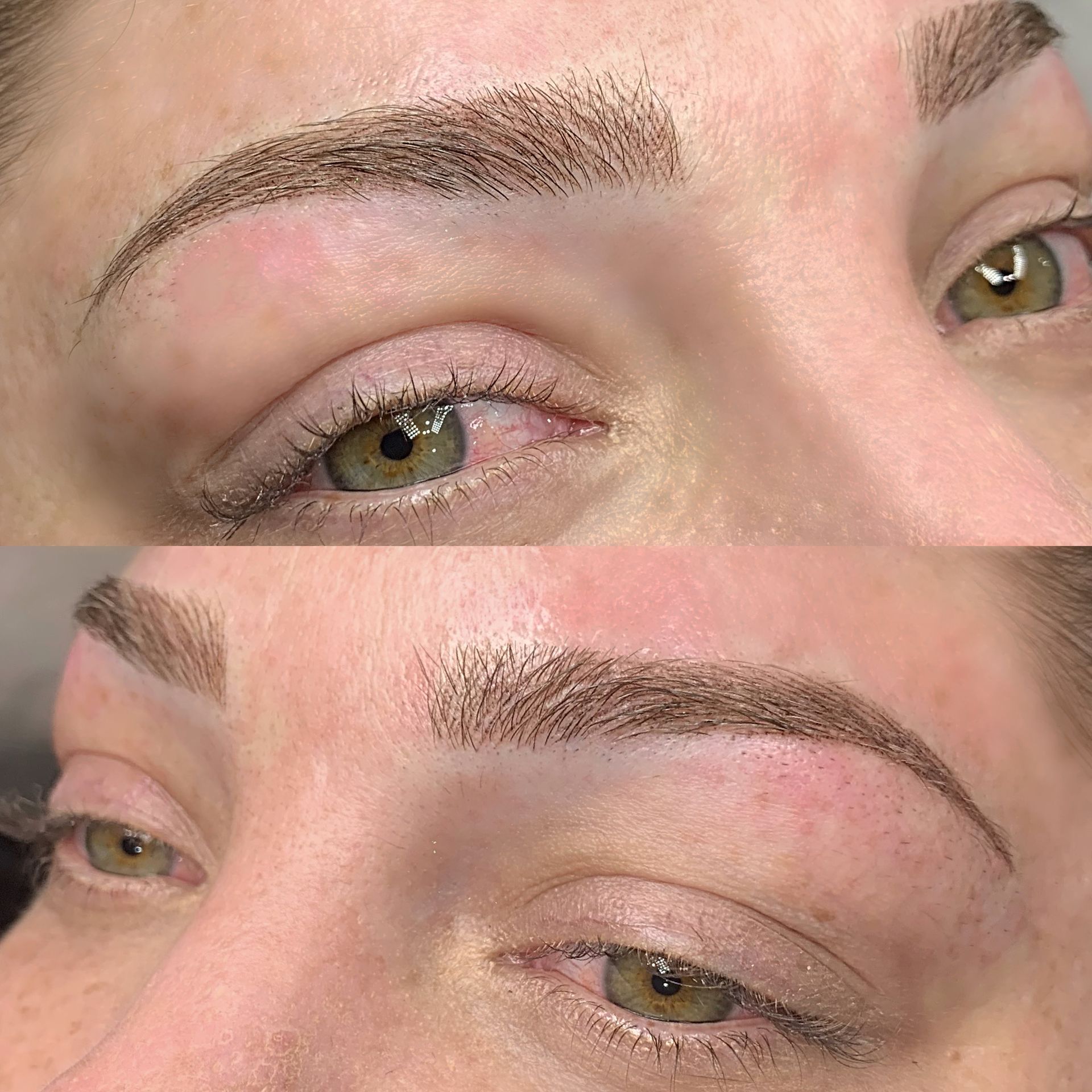 A before and after picture of a woman 's eyebrows.