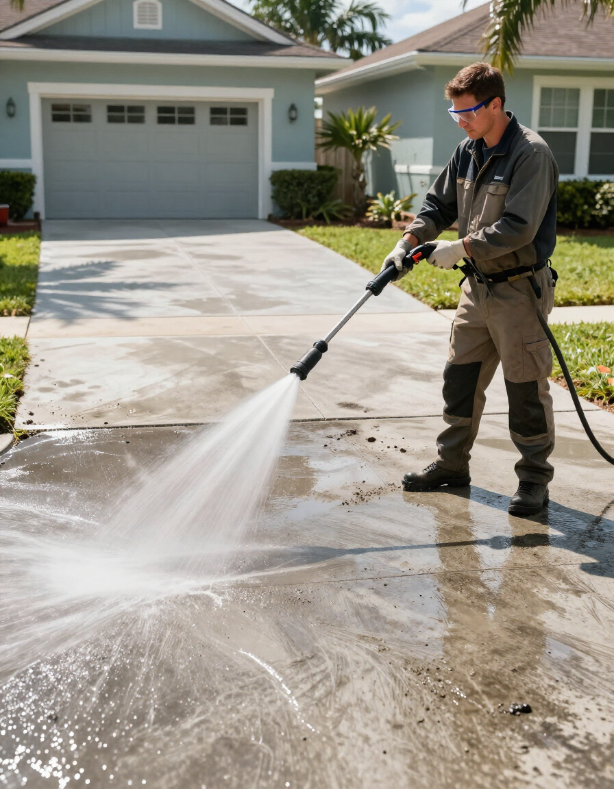 Professional pressure washing technician cleaning a concrete driveway