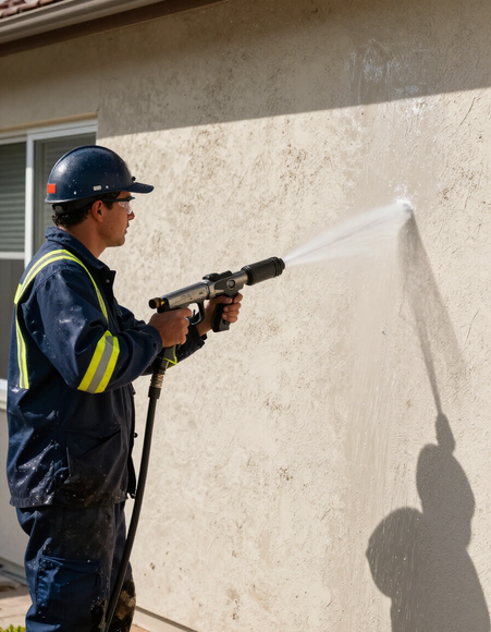 Professional pressure washing technician cleaning a stucco home exterior in Florida sunlight