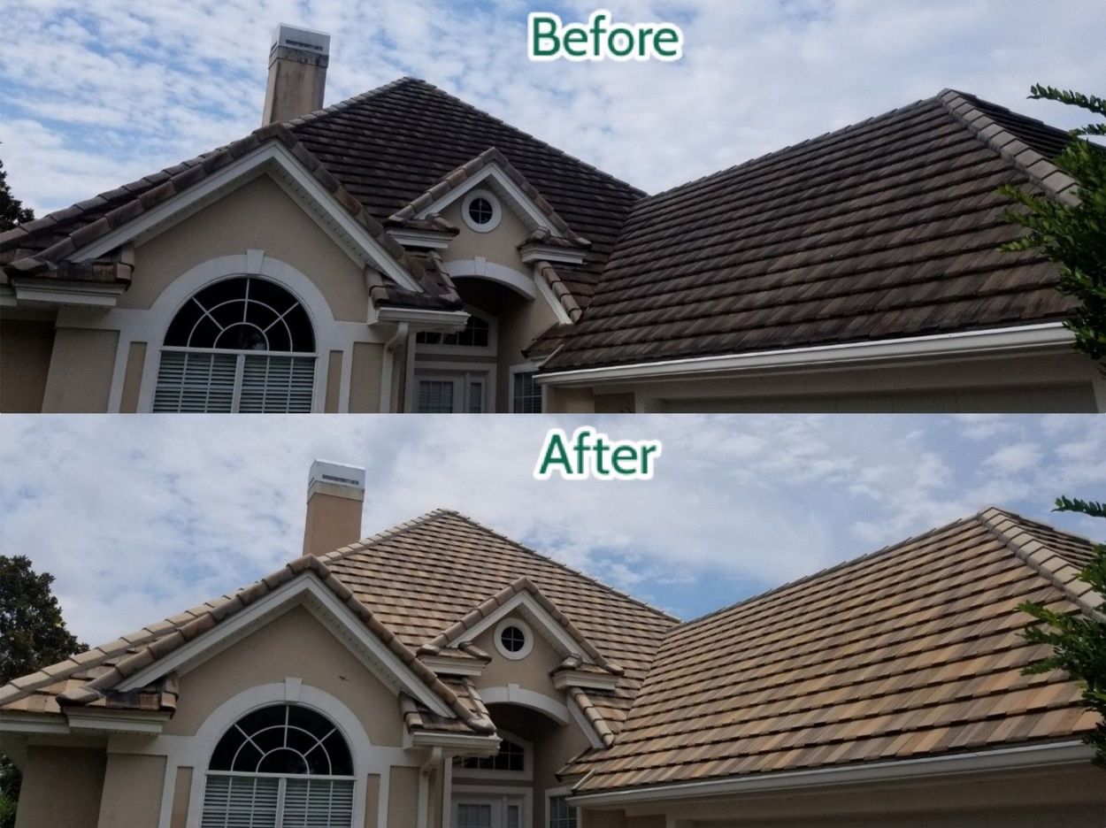 Tile roof on a coastal Florida home showing one half clean and the other half stained with black algae streaks, illustrating before and after soft wash results