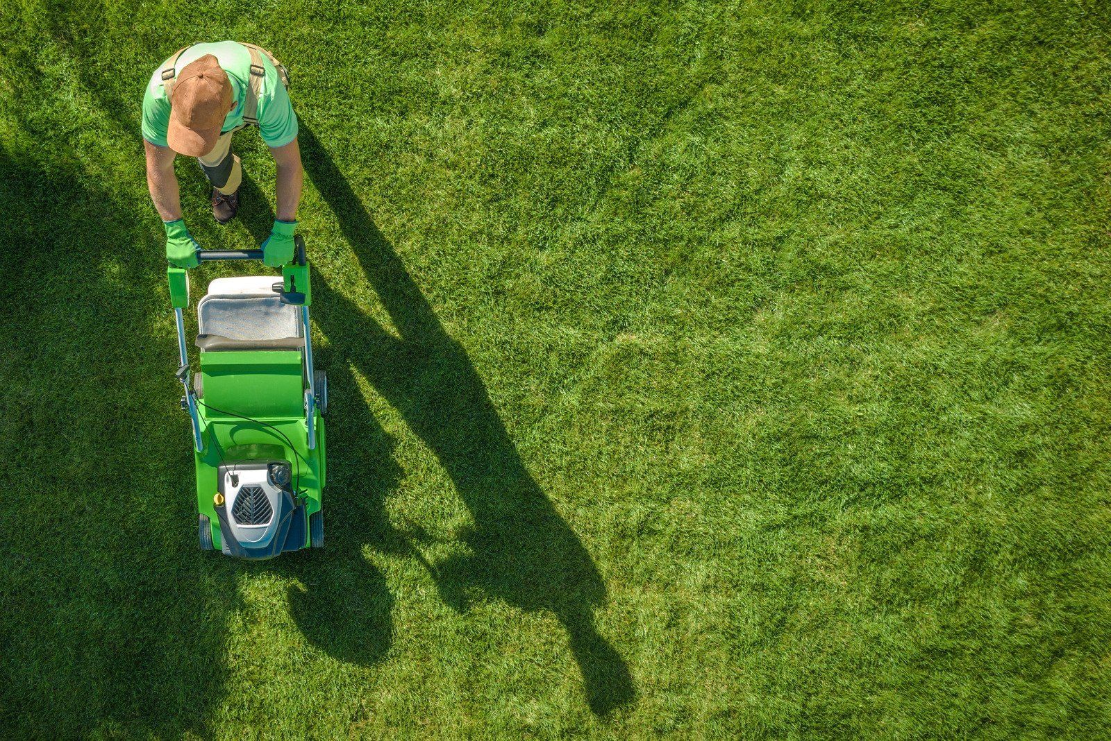 Person mowing a green lawn with a green and blue lawnmower; overhead view.
