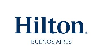 El logotipo de Hilton Buenos Aires es azul y blanco sobre fondo blanco.