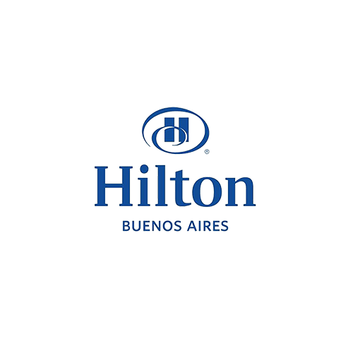 El logotipo de Hilton Buenos Aires es azul y blanco sobre fondo blanco.