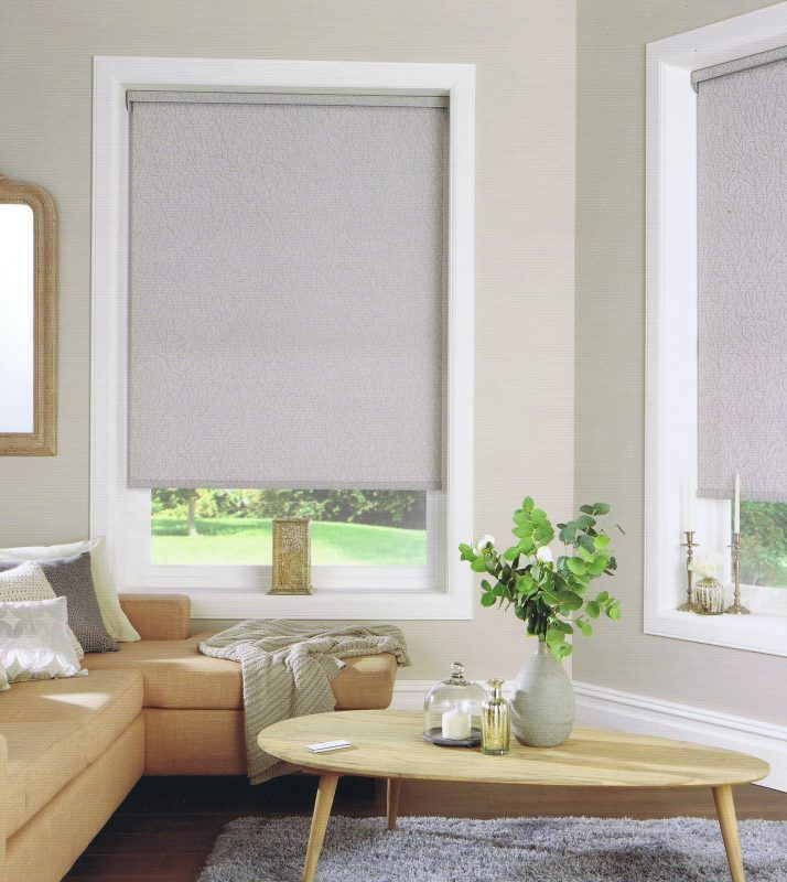 Living Room With Light Grey Roller Blinds — Abundance Blinds In Charmhaven, NSW