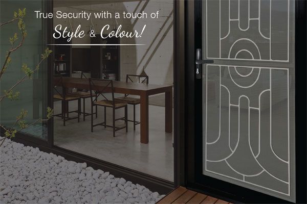 Security Screen Door With Decorative White Pattern — Abundance Blinds In Charmhaven, NSW