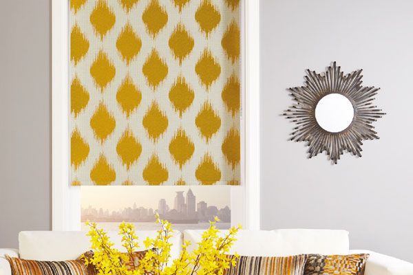Window With Yellow Patterned Roller Blinds — Abundance Blinds In Charmhaven, NSW
