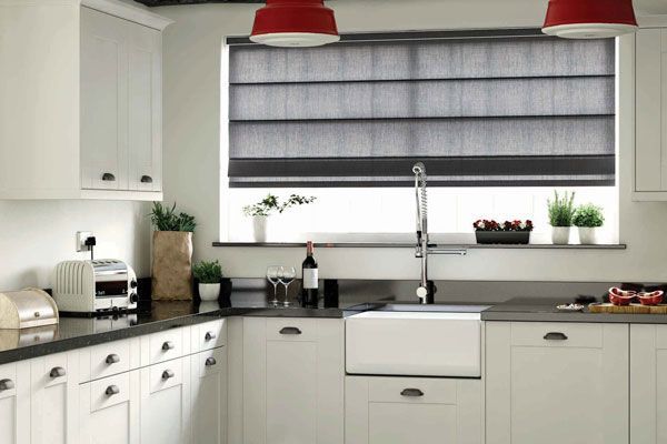 White Kitchen With Sink and Countertop; Gray Window Shade; Red Pendant Lights — Abundance Blinds In Charmhaven, NSW
