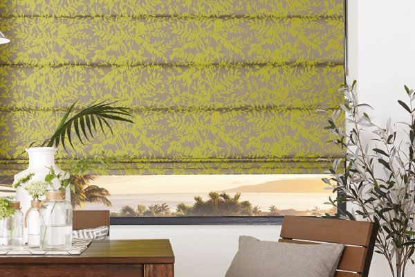 Lime Green and Gray Patterned Roman Shade Over a Window — Abundance Blinds In Charmhaven, NSW
