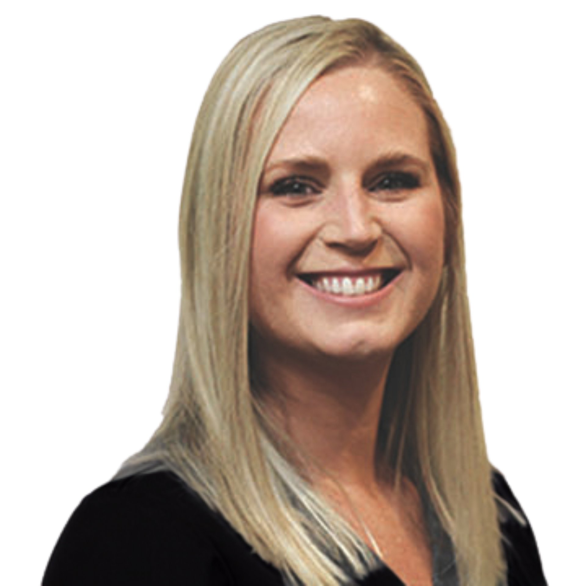 A woman with long blonde hair is smiling and wearing a black shirt.
