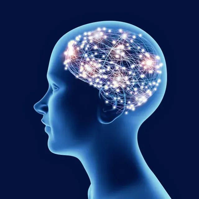 A x-ray of a person 's head with a glowing brain