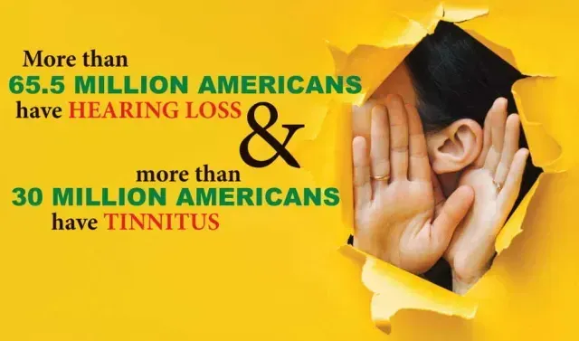 A poster that says more than 65.5 million americans have hearing loss and more than 30 million americans have tinnitus