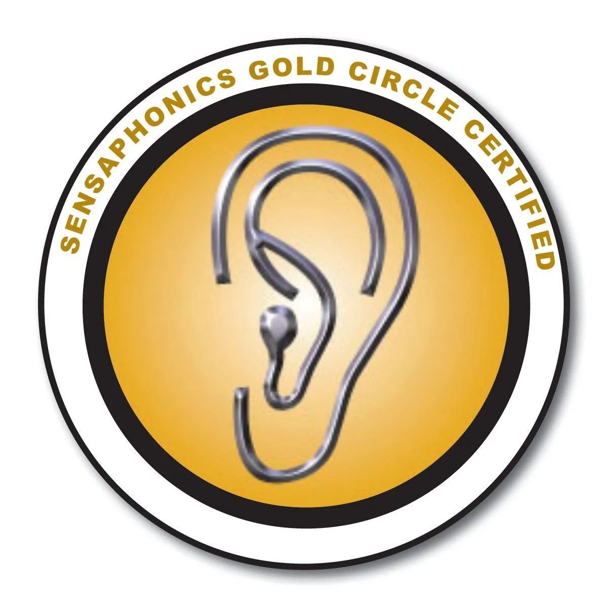 A gold circle that says sensaphonics gold circle certified