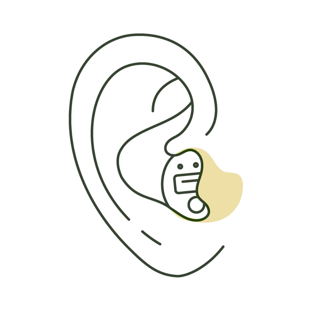 Outline of ear with a cartoon-like hearing aid. Yellow color represents sound.