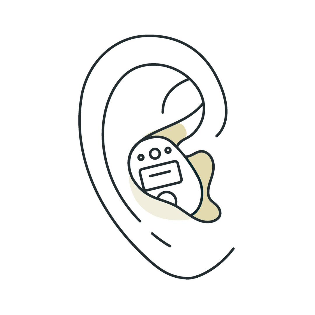 Ear with a hearing aid inside, beige and white.