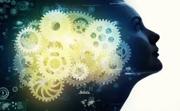 A silhouette of a woman 's head with gears coming out of it.