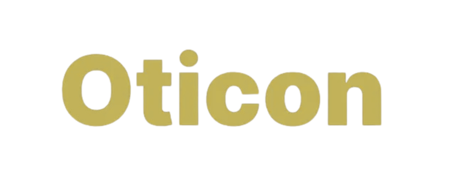 A gold logo for oticon on a white background