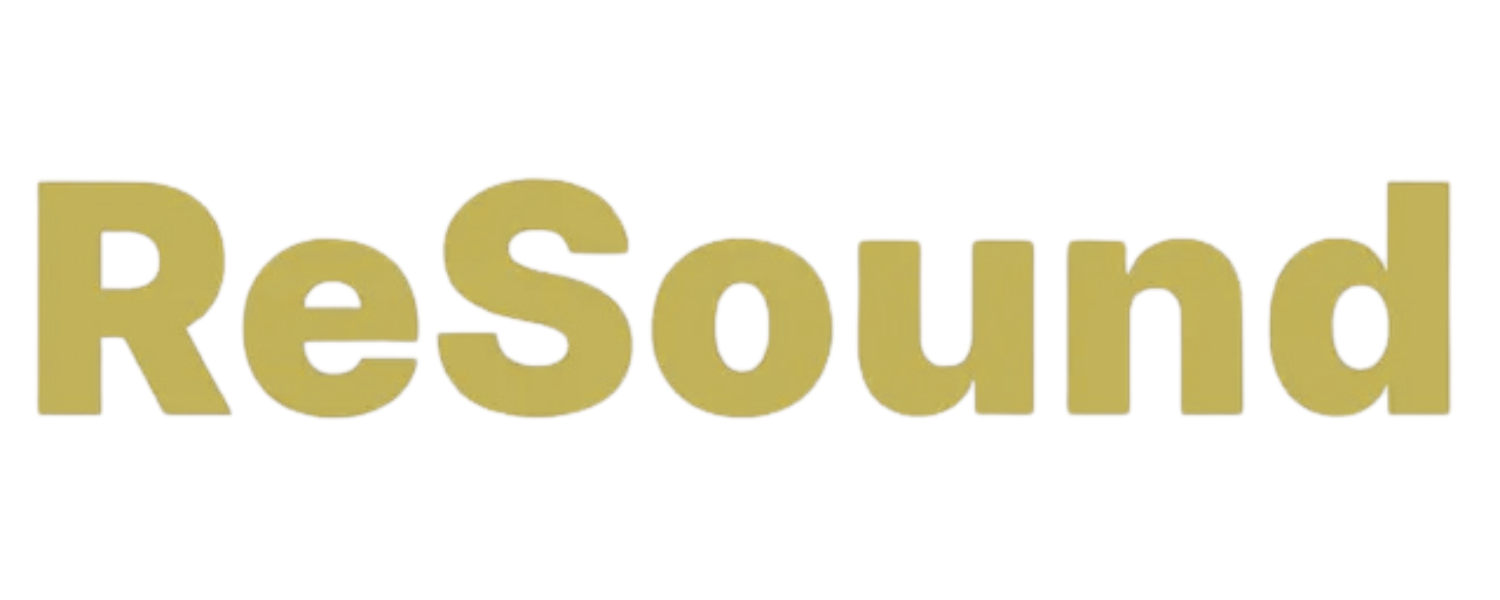 A gold logo for resound on a white background