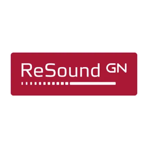 A red and white logo for resound gn on a white background.