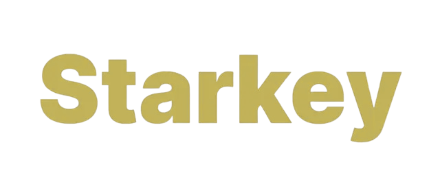 A gold starkey logo on a white background