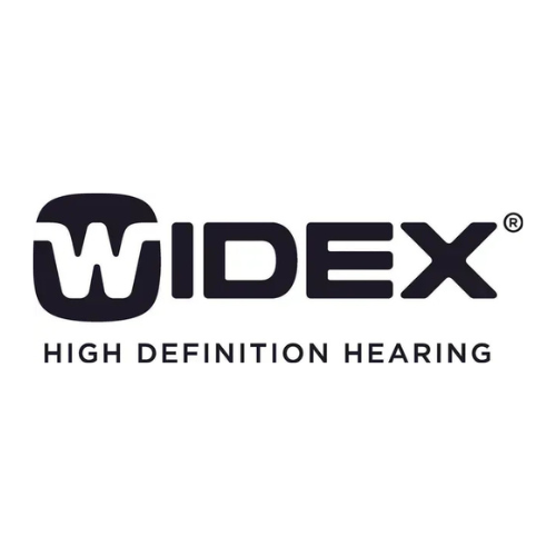 The logo for widex high definition hearing is black and white.