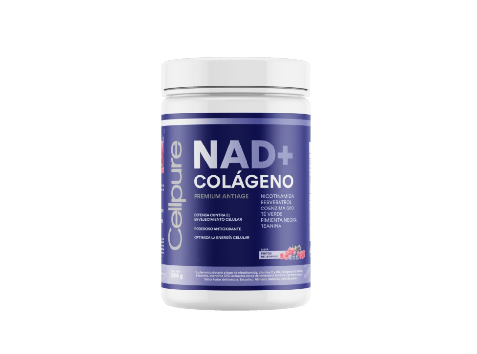 Una botella de nad + colágeno en polvo sobre un fondo blanco.