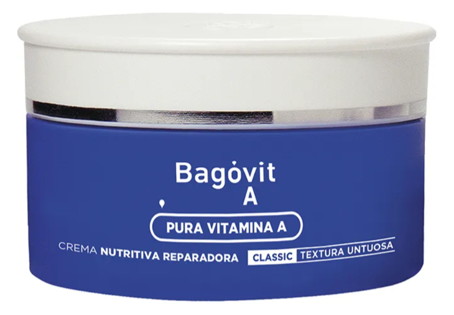 Un recipiente azul y blanco de bagovit a pura vitamina a