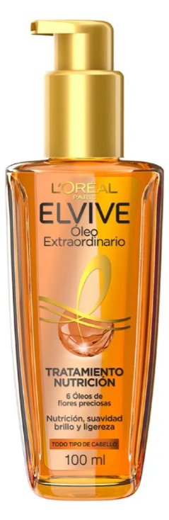 Se muestra una botella de L'Oréal Elvive Óleo Extraordinario sobre un fondo blanco.