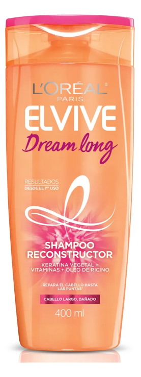 Una botella de champú loreal elvive dream long sobre un fondo blanco.
