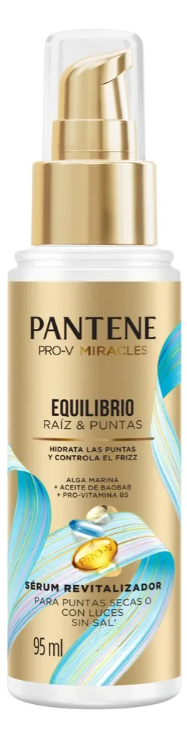 Se muestra una botella de suero capilar Pantene Equilibrio sobre un fondo blanco.