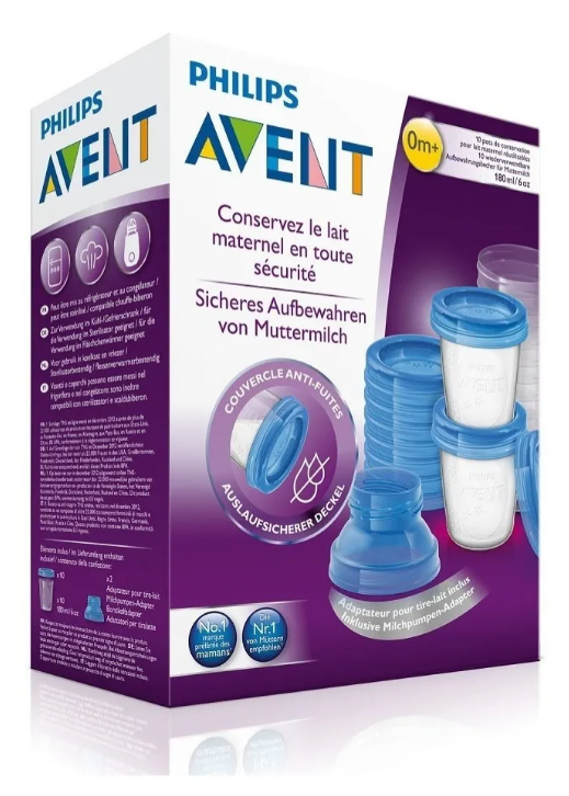 Una caja de recipientes para almacenar leche materna Philips Avent