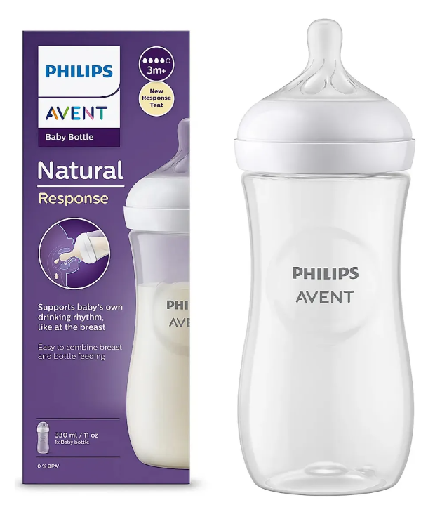 Se muestra un biberón Philips Avent Natural Response junto a su caja.