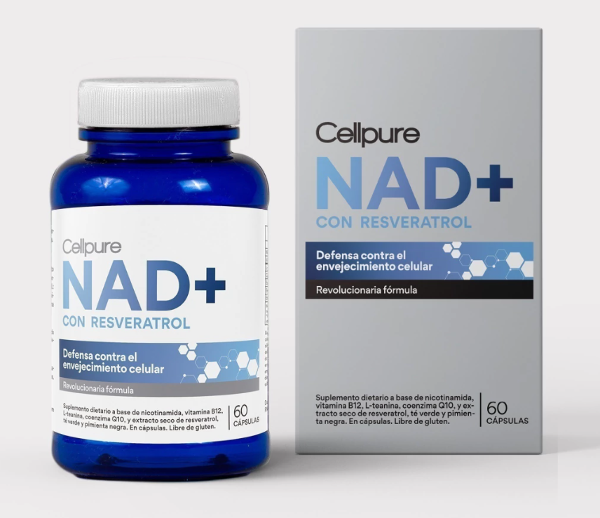Una botella y una caja de Cellpure Nad+ con Resveratrol