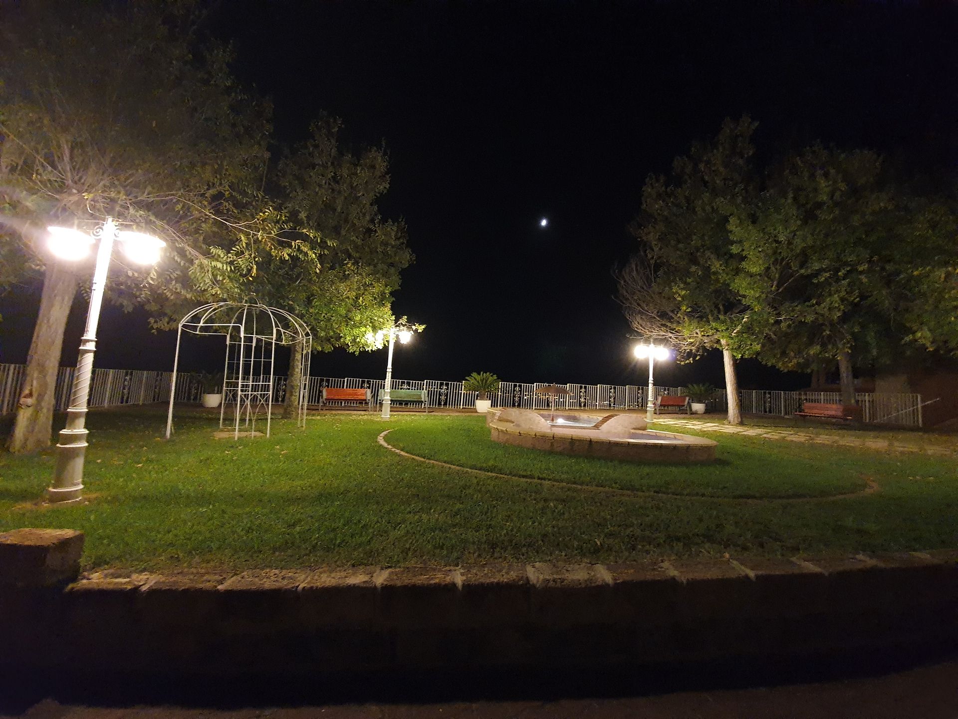 Un parco di notte con tante luci e alberi.