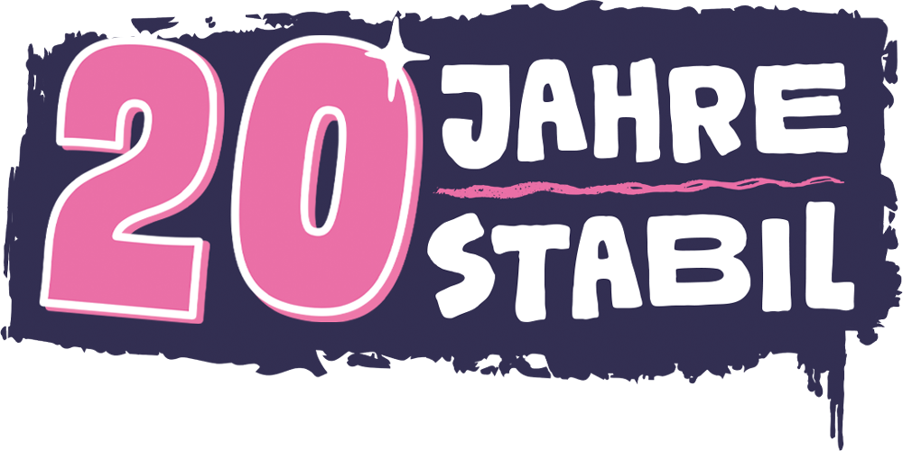Pinkfarbene „20“ mit weißer Umrandung und „Jahre Stabil“ auf dunkelblauem Hintergrund.
