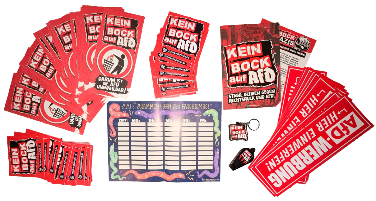 Set of red propaganda materials, cards and signs. Text includes 