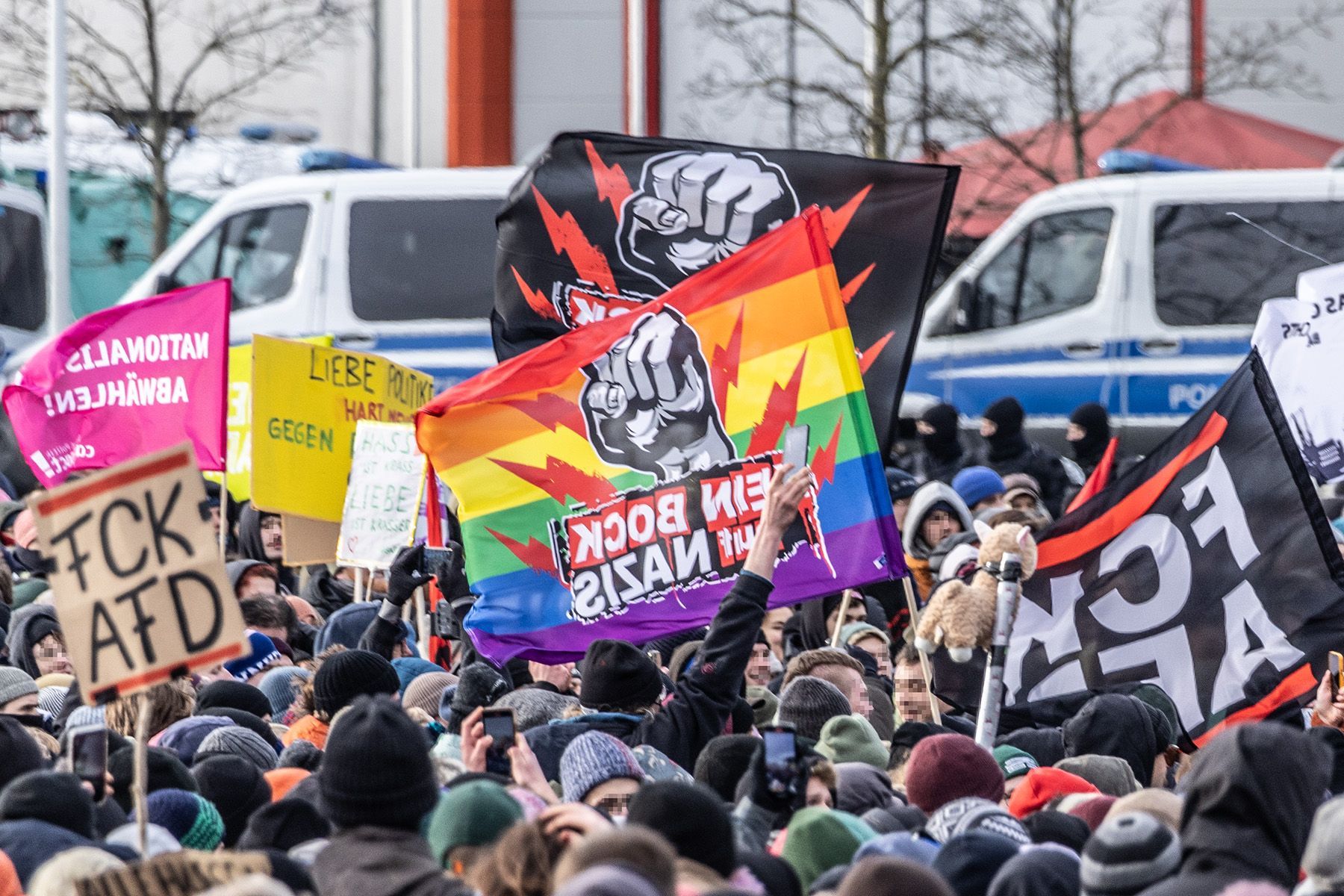 Demonstranten mit Fahnen und Schildern protestieren gegen die AfD, Regenbogenfahne mit erhobener Faust.