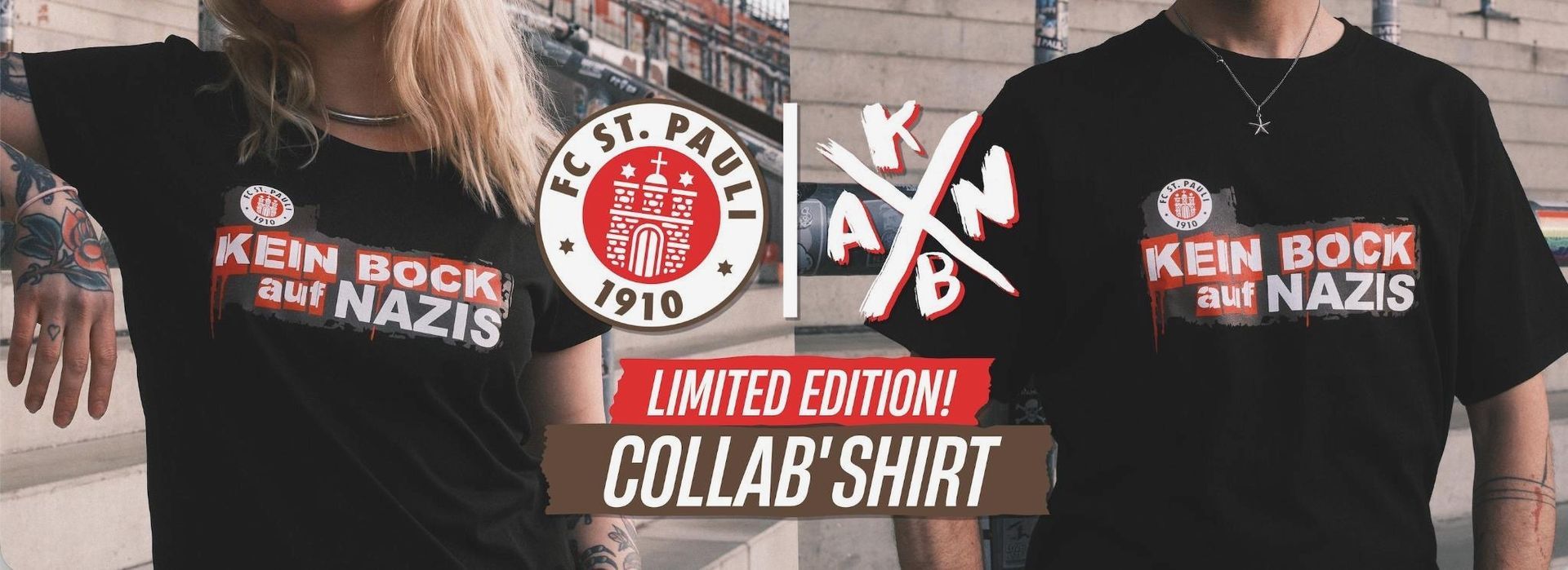 A split image showing people wearing black T-shirts with the text 