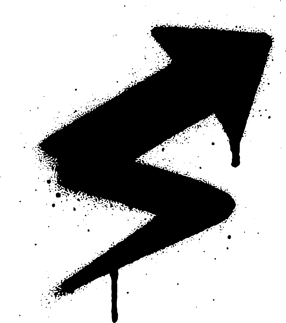 Schwarzer, zickzackförmiger, nach oben gesprühter Pfeil mit Farbtropfen und gesprenkelten Rändern.